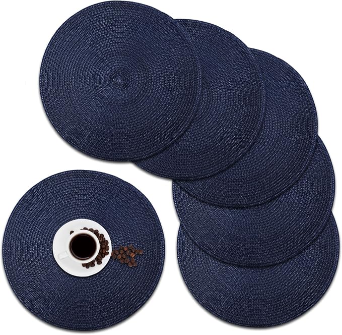Round Placemats, Crossweave Heat Resistant Woven Round Place Mats Diameter 13.5 inch for Kitchen Table Set of 6 (Nautical Blue)