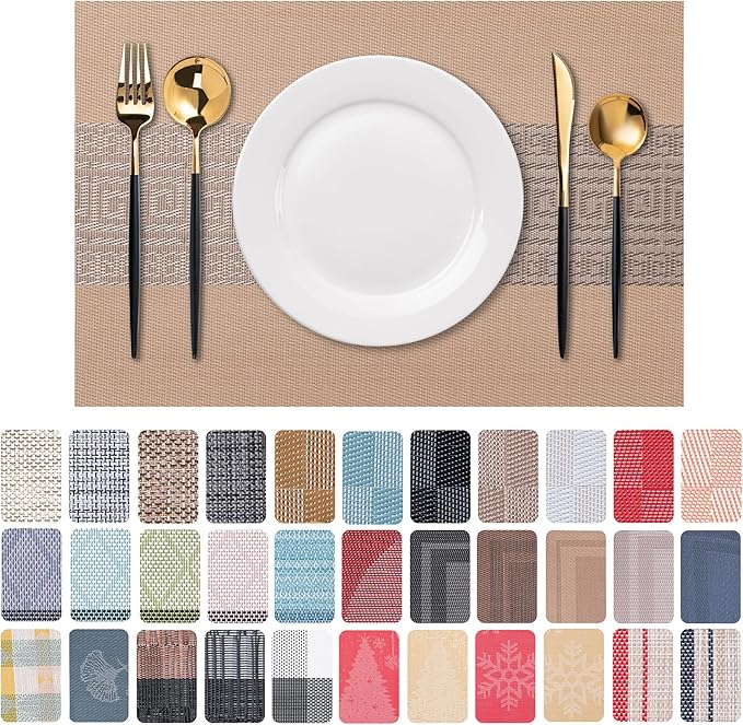 CADONO Placemats Set of 6 Washable Indoor/Outdoor Vinyl Place Mats for Dining Table Durable Non-Slip Heat Resistant PVC Weave Table Mats（Classical Style-Coffee-Colored）