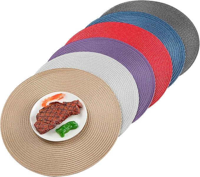 Round Placemats, Crossweave Heat Resistant Classic Woven Round Place Mats Diameter 13.5 inch for Kitchen Table Set of 6 (Brown)
