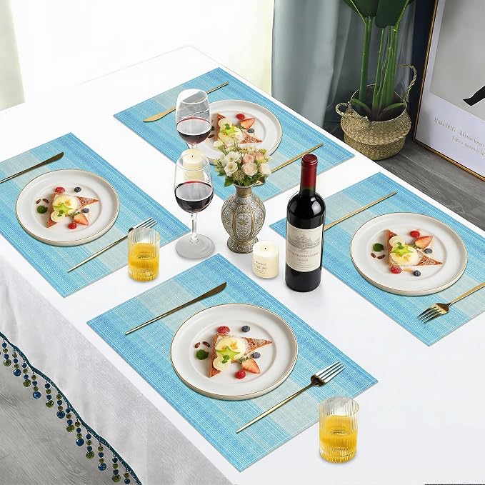 Bloss Blue Placemats Set of 6, Linen Woven Place Mats for Kitchen Table Indoor/Outdoor, 12" x 18" Washable Gradient Blue Placemat Dining Table Mats