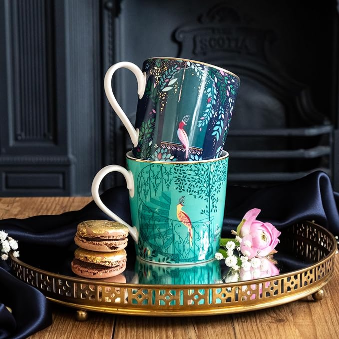 Sara Miller India Mugs, Set of 4 - 12oz Fine China Tea & Coffee Mugs with 22ct Gold Detailing - Collectible Drinkware Featuring Exotic Wildlife in Vibrant Jewel Tones - Great for Gifting