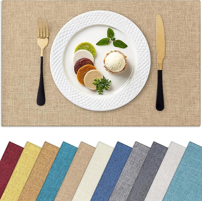 Homaxy Cloths Placemats for Dining Table Set of 12, Heat Resistant Washable Cotton Linen Blend Table Mats, Easy to Clean Place Mats for Indoor Outdoor Party Kitchen Decoration, 13" x 19", Flaxen