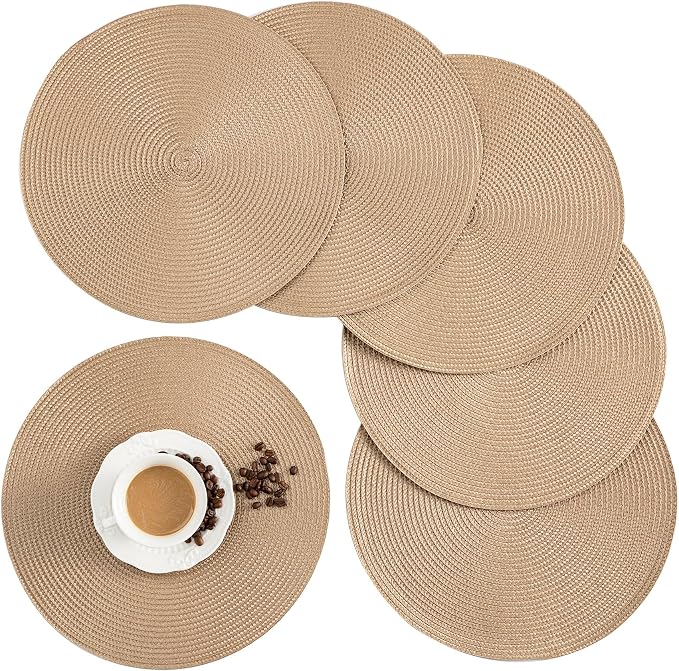 Round Placemats, Crossweave Heat Resistant Classic Woven Round Place Mats Diameter 13.5 inch for Kitchen Table Set of 6 (Brown)