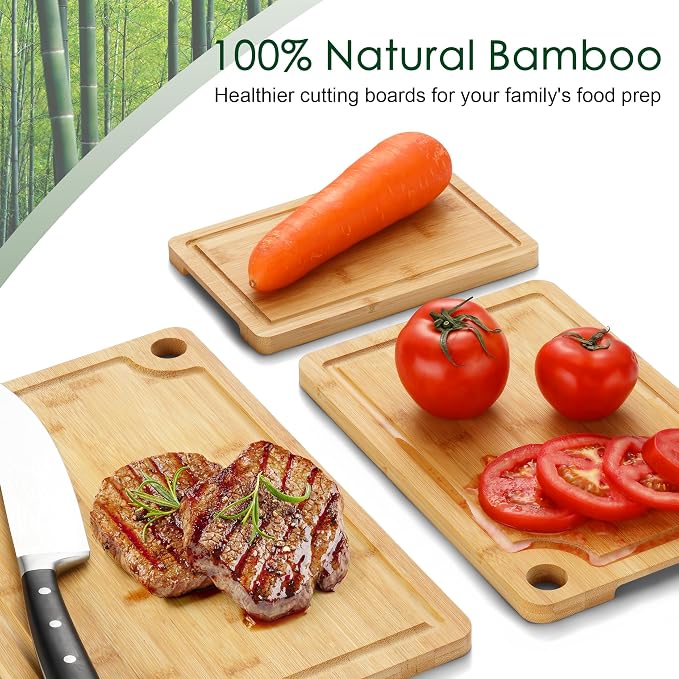 3PCS Bamboo Cutting Board Set - Durable Wooden Cutting Boards with Deep Juice Grooves & Built-in Handles & Hanging Holes, Ideal for Chopping Meat, Vegetables, Dishwasher Safe