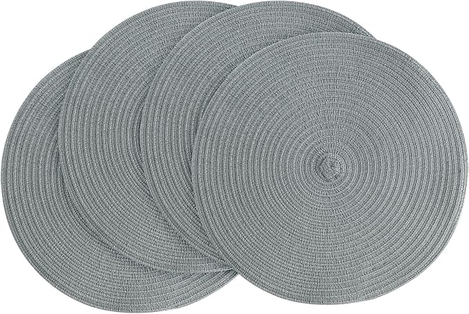 Floroom 15 Inch Round Braided Placemats Set of 4, Washable Heat Resistant Cotton Polyester Circle Place Mats for Kitchen Dining Table - Charcoal Grey