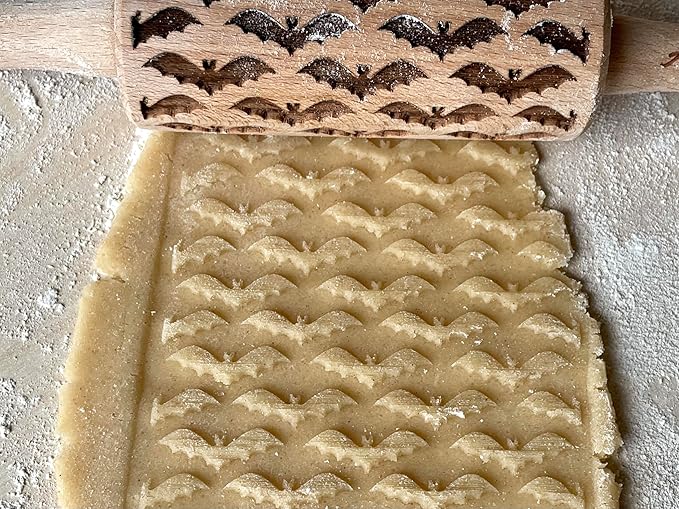 HALLOWEEN 3 Mini Embossed Rolling Pin Set. Wooden Laser Engraved Textured rolling pins for Cookies, Modeline, Ceramic with Skulls, Bats, Halloween by Algis Crafts