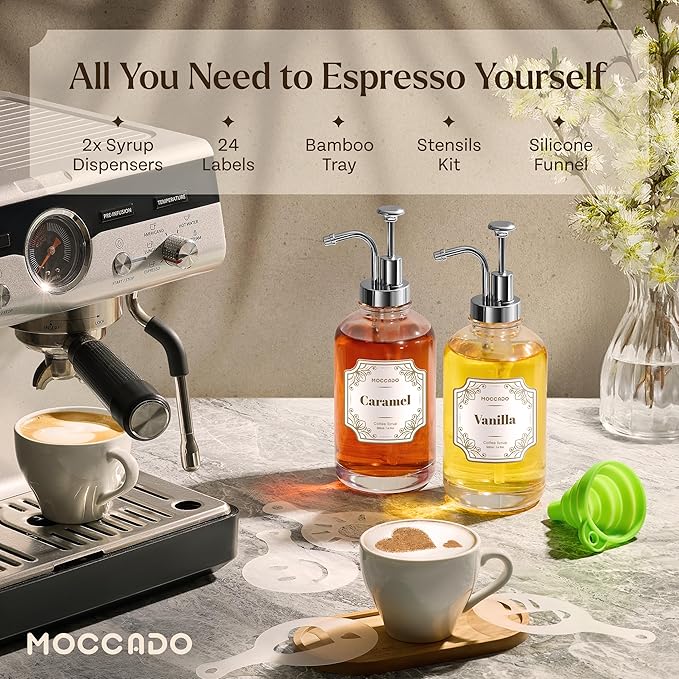 Glass Coffee Syrup Dispenser for Coffee Bar - Set of 2 Silver 500 ml / 16.9 oz Glass Syrup Bottles, Includes Bamboo Tray, 16 Stencils, Labels, Coffee Bar Accessories