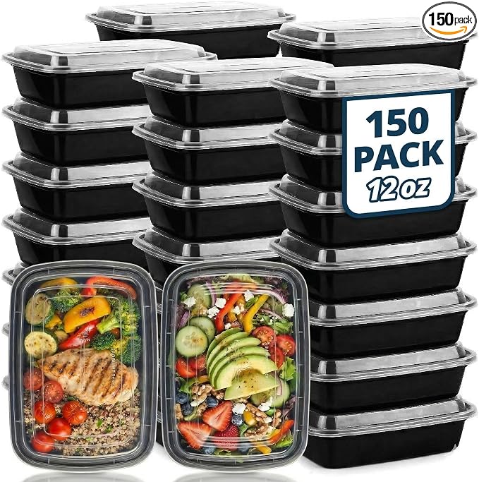 Tiya Meal Prep Containers with Lids - 150 Pack 12 oz BPA-Free Plastic Food Storage Containers Leak-Proof, Microwave, Dishwasher & Freezer Safe Reusable To-Go Boxes for Portion Control & Catering