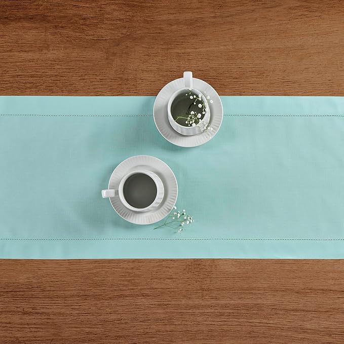 Solino Home Cotton Linen Table Runner 60 Inches - Pastel Turquoise Hemstitch Table Runner 14 x 60 Inch Ideal for Dresser and Coffee Tables, Spring, Summer