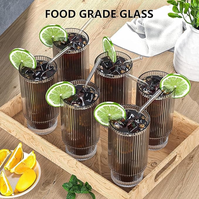 CWHHRN 16OZ Ribbed Glass Cups with Lids and Straws 4 Set, Vintage Glassware for Whiskey Cocktail Beer, Iced Coffee Cups with Lid, Glass Tumbler with Straw and Lid (4 PACK)