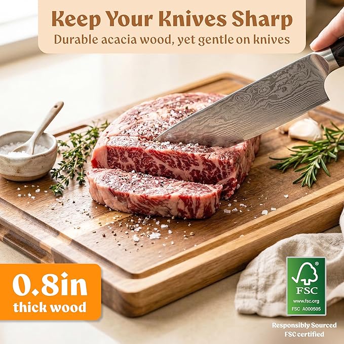 Acacia Wood Cutting Board for Kitchen, Non-Toxic Cutting Board Set of 3, Chopping Boards with Deep Juice Groove for Meat, Cheese & Vegetables - Durable & Double sided with serving Compartments