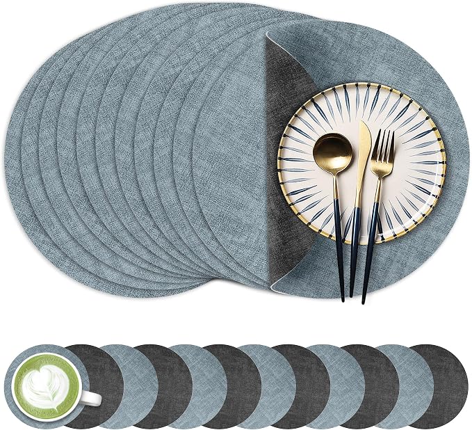 13-Inch Faux Leather Round Placemats Set of 12, Waterproof Anti-Slip Dual Sided Place mats, Heat Resistant Washable Table Mats with Coaster, Suitable for Indoor & Outdoor (12, Black Light Blue)