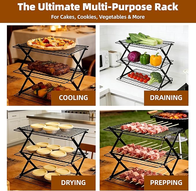 3 Tier Collapsible Cooling Rack with Adjustable 6 Setting Design stackable wire rack for baking sheet for Cookies Baking Gifts for Women (Silver, 3-Tier)