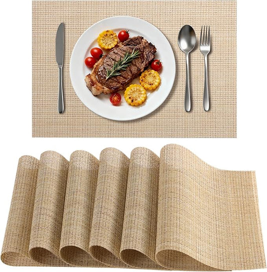 Timeet Placemats Set of 6, Heat Resistant Non-Slip Place Mats for Dining Table, Durable Washable PVC Vinyl Woven Table Mats, Linen Textured Placemats for Kitchen Resistant Easy to Clean(Beige