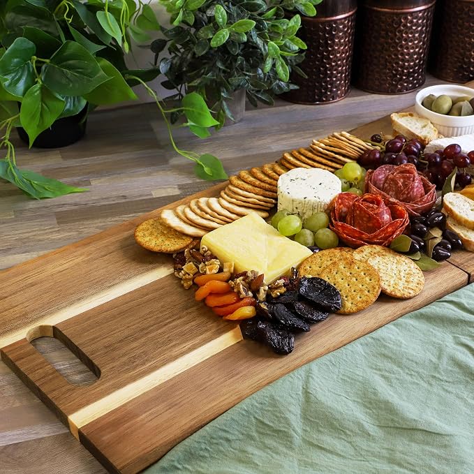 Elama Long Acacia Wood Foldable Charcuterie Board – Rectangular Serving Platter with Handles for Cheese, Meats, Appetizers & Snacks (33 Inch)