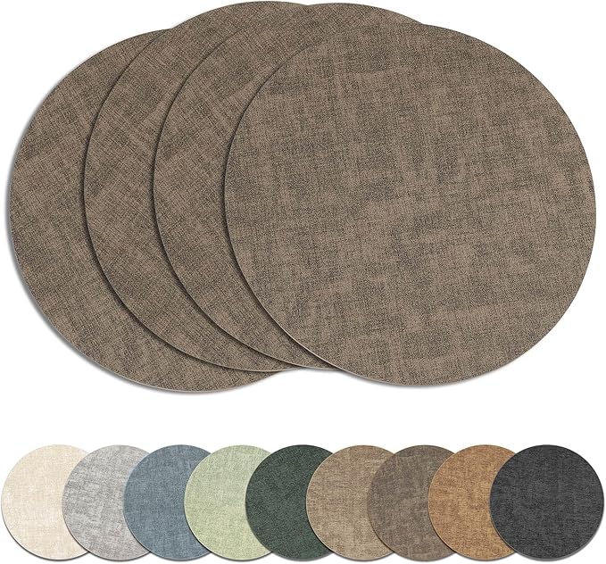 13" Round Placemats Set of 4, Reversible Faux Leather Heat Resistant Table Mats, Waterproof Oilproof Wipeable Table Protective Placemats for Vinyl, Washable for Indoor & Outdoor Use (4, Dark Coffee)