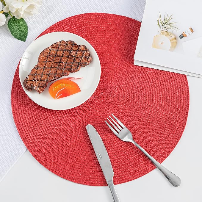 Round Placemats, Crossweave Heat Resistant Classic Woven Round Place Mats Diameter 13.5 inch for Kitchen Table Set of 6 (Red)
