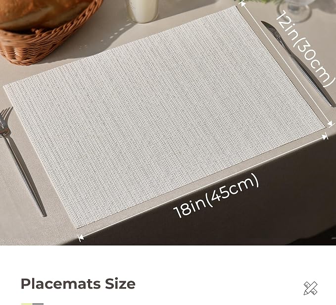 Leetaltree Sparkling White and Silvery Vinyl Woven Placemats Set of 4 - Durable - Washable - Wipeable Dining Table Place Mats, Suitable for Indoor & Outdoor Use - Hand-Cut