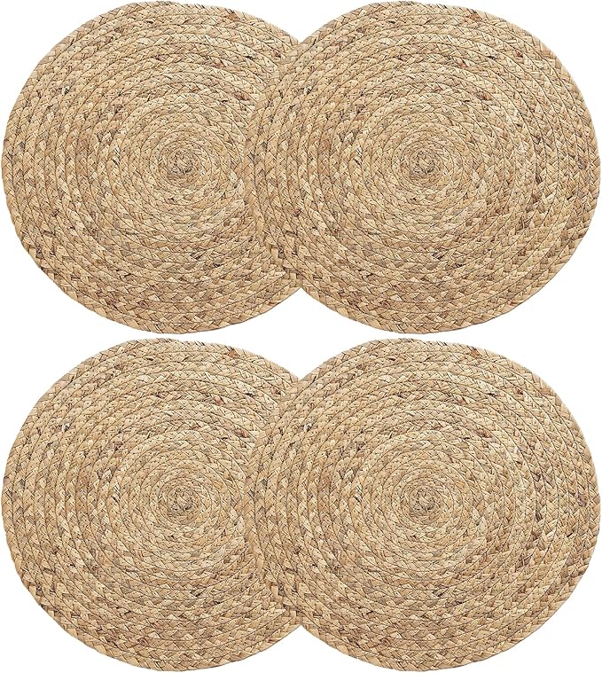 Round Woven Placemats, 11.8inch Natural Wicker Placemats, Set of 4 Water Hyacinth Straw Braided Tablemats, Rattan Tablemats Rustic Chargers Weave Placemats for Dining Table