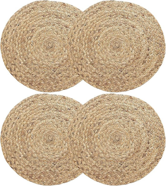 Round Woven Placemats, 11.8inch Natural Wicker Placemats, Set of 4 Water Hyacinth Straw Braided Tablemats, Rattan Tablemats Rustic Chargers Weave Placemats for Dining Table