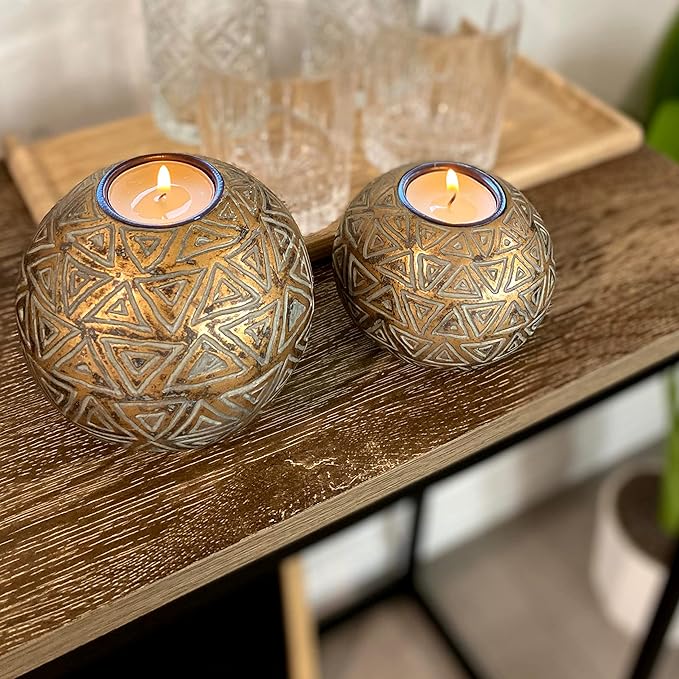 Rustic Gold Orb Tea Light Candle Holders - (Gift Boxed Set of 2 Aurum Collection) Coffee Table Decor (Triangular Pattern, Gold and Gray)