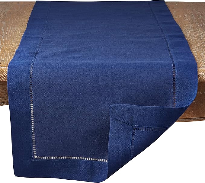 SARO LIFESTYLE Hemstitched Border Table Runner, Navy Blue, 16"x54"