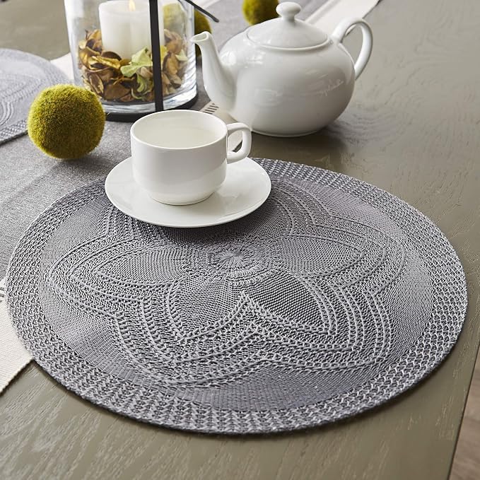 DII Woven Collection Round Braided Floral Placemat Set, 15", Gray, 6 Piece
