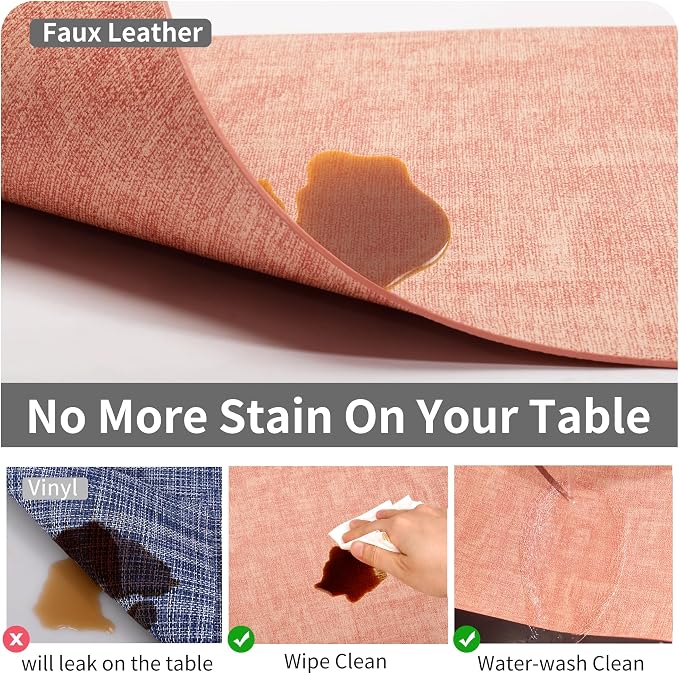 Maxpearl Faux Leather Placemats Set of 6 - Waterproof - Wipe Clean - Heat Resistant - Anti Slip Dining Table Place Mats, Suitable for Indoor & Outdoor Use, 17’’×12’’, Pink