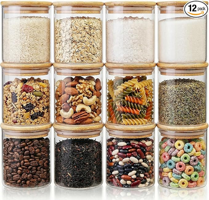 HomArtist Glass Jars with Bamboo Lids 17 FL OZ [Set of 12], Glass Canisters with Airtight Lids, Glass Food Storage Containers for Spice, Coffee, Sugar, Tea, Candies, Cookies,Best for Kitchen & Pantry
