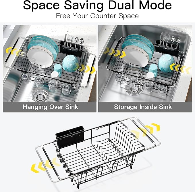 Black Dish Drying Rack Over the Sink In Stainless Steel Expandable Drainer for Small Kitchen, Counter Space Saving Compact Inside Sink Plate Dryer, Adjustable Hanging Metal Wire Strainer Drain Holder