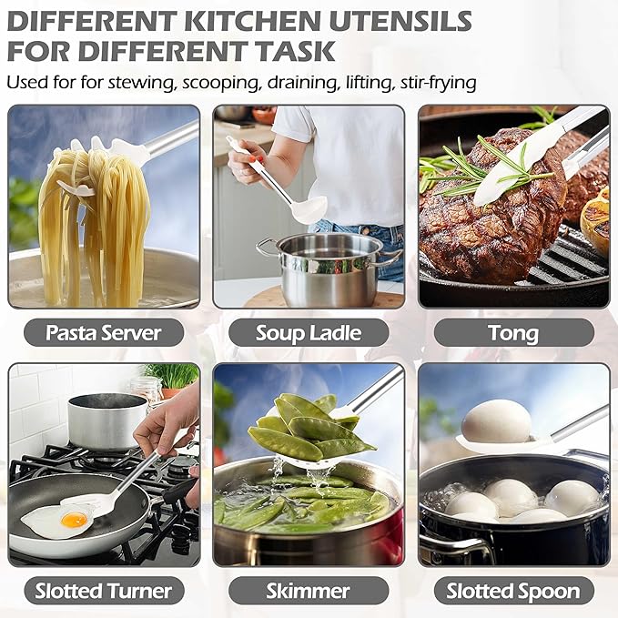 HaWare 29 PCS Silicone Cooking Utensils Set, Heat Resistant Kitchen Utensils Set with Stainless Steel Handle, Spatula Sets with Holder and Hooks, Kitchen Tools Gadgets for Nonstick Cookware -White