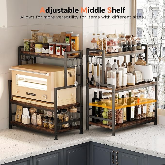 23.6"W Large Kitchen Countertop Organizer,3 Tier Spice Rack Organizer with Adjustable Shelf and 10 Hooks,Wooden Counter Organizer,Space Saving Countertop Shelf Microwave Stand for Kitchen,Coffee Bar
