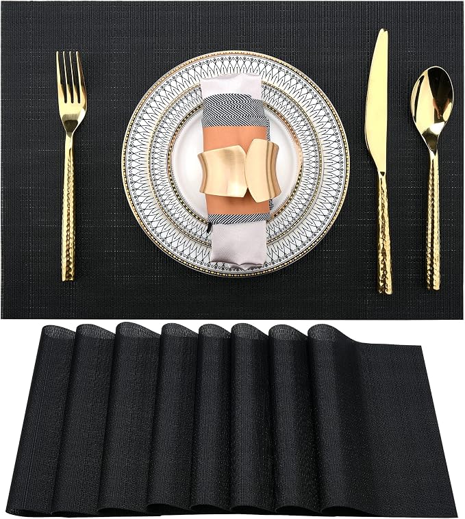 SLKQG Black Placemats Set of 8 - Easy Clean Washable Vinyl Placemats - Heat Resistant Placemats for Kitchen Table - PVC Table Mats for Dining Table (Pure Black, 8)