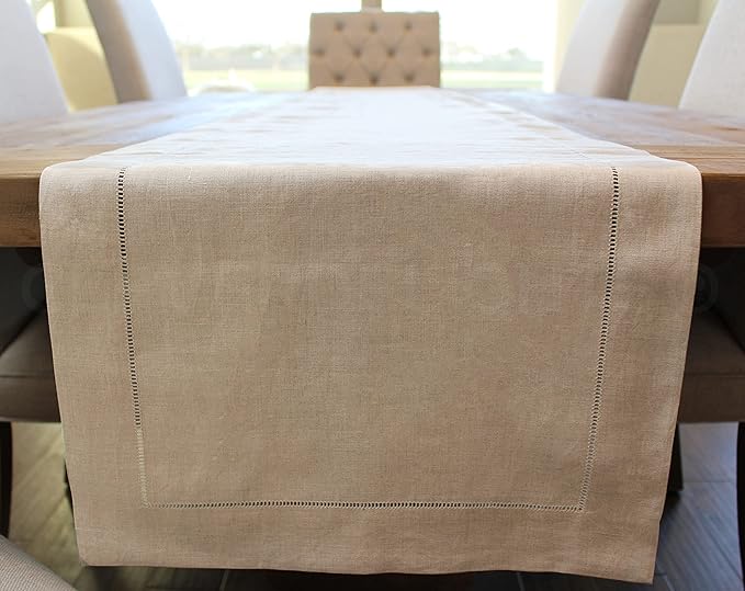 CleverDelights Natural Linen Hemstitch Table Runner - 16" x 72" - 100% Linen
