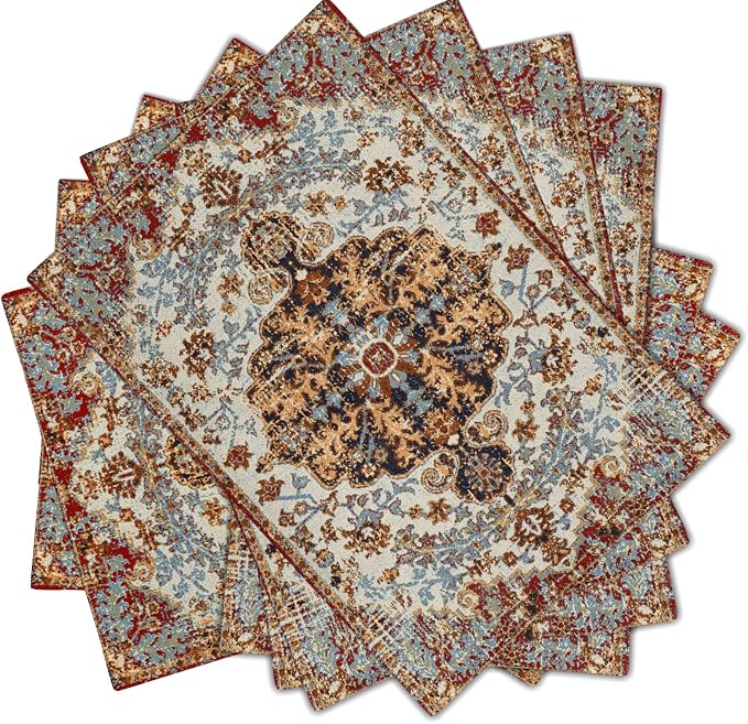 Ethnic Boho Placemats Set of 6 Southwest Brown Blue Carpet Woven Texture Linen Washable Kitchen Dining Table Mats Stain Heat-Resistant Desktop Decor Place Mats for Home Party Indoor 12x18 in