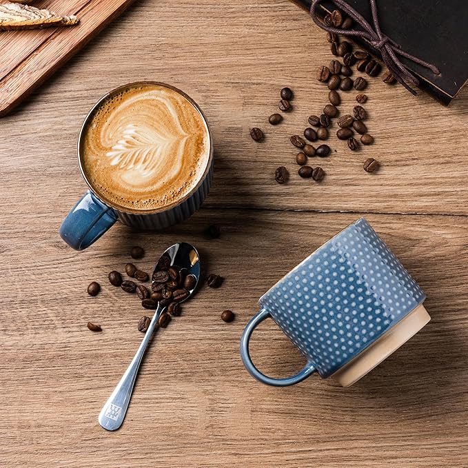 GBhome 12 OZ Stackable Coffee Mugs Set of 6, Ceramic Coffee Mugs with Texture Patterns for Man,Woman,Dad,Mom, Modern Coffee Cups for Latte/Cappuccino/Cocoa. Dishwasher&Microwave Safe