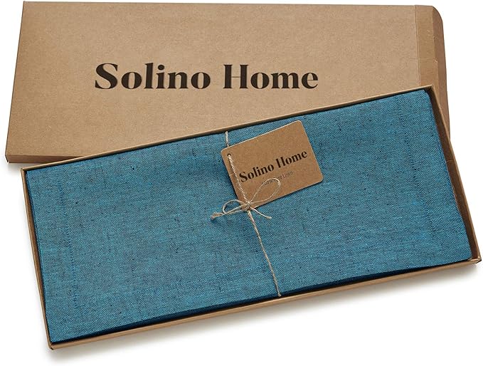 Solino Home Linen Chambray Teal Table Runner 108 Inches Long - Athena, 100% Pure Linen Dining Table Runner 14 x 108 Inch for Spring, Summer - Handcrafted and Machine Washable