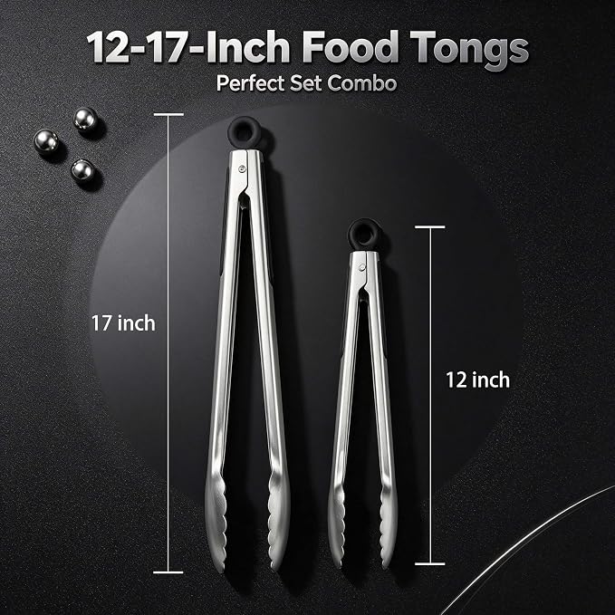 Grill Tongs, BBQ tongs - 12" & 17" Extra Long Kitchen Tong, 600 Degrees Heat Resistant Stainless Steel tong, Heavy Duty Metal Locking Tongs for Cooking, Grilling, Outdoor Barbecue, Set of 2