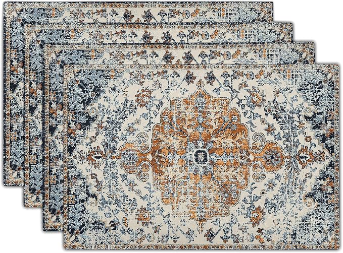 Brown Navy Blue Ethnic Boho Placemats Set of 4 Bohemian Carpet Vintage Gold Black Tan Floral Linen Washable Kitchen Dining Table Mats Stain Heat-Resistant Desktop Place for Home Party 12x18 in