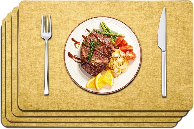 Maxpearl Faux Leather Placemats Set of 4 - Waterproof - Wipe Clean - Heat Resistant - Anti Slip Dining Table Place Mats, Suitable for Indoor & Outdoor Use, 17’’×12’’, Light Yellow