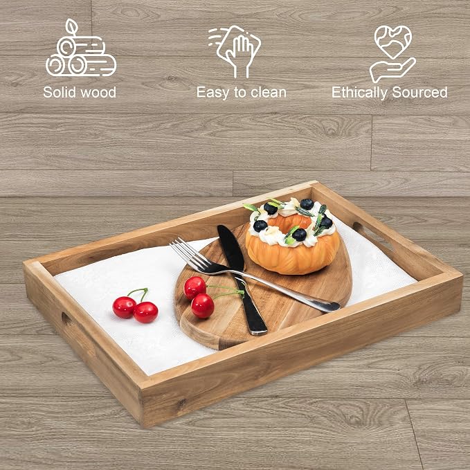 Natural Acacia Wooden Rectangular Serving Tray with Handles, Set of 2 (15"x11" & 13.6"x9.6"), Large Tray for Ottoman, Breakfast in Bed, Dinner, Coffee Table Decor & Kitchen
