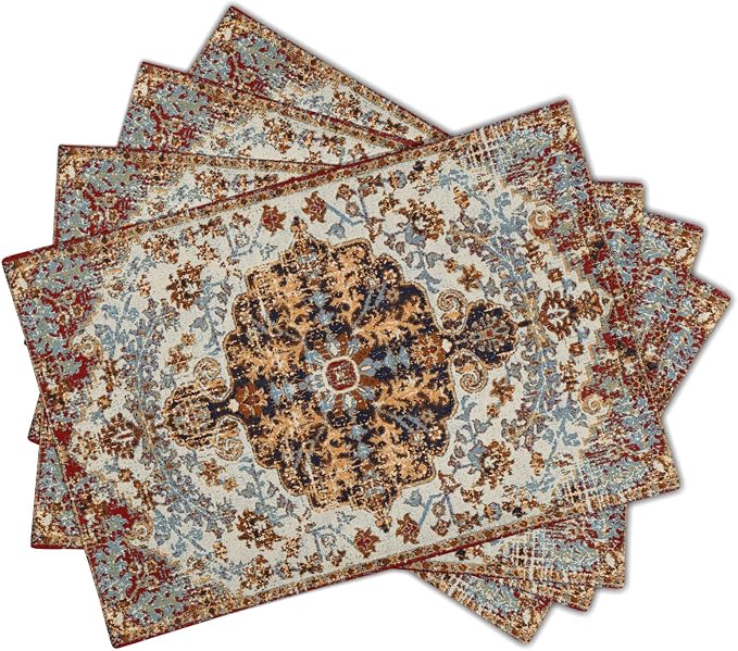Ethnic Boho Placemats Set of 4 Southwest Brown Blue Carpet Woven Texture Linen Washable Kitchen Dining Table Mats Stain Heat-Resistant Desktop Decor Place Mats for Home Party Indoor 12x18 in