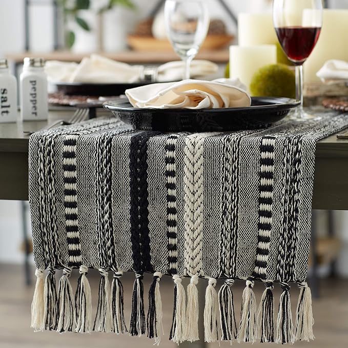 DII Farmhouse Braided Stripe Table Runner Collection, 15x72 (15x77, Fringe Included), Stone (Pack of 12)