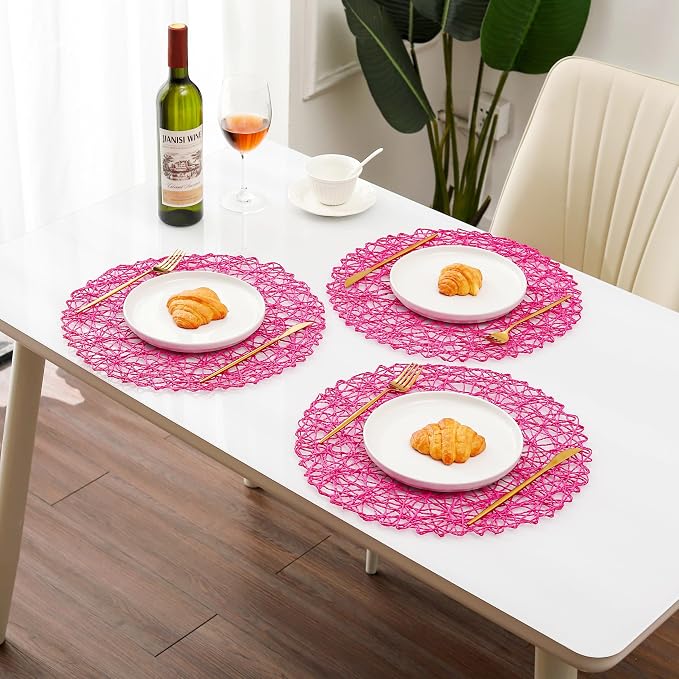 IcosaMro Rosy Round Placemats Set of 6 for Dining Table, 15 Inch Paper Woven Boho Decorative Circle Place Mat for Wedding Christmas Thanksgiving Day Holiday Dinner, 15 Inch, Rosy