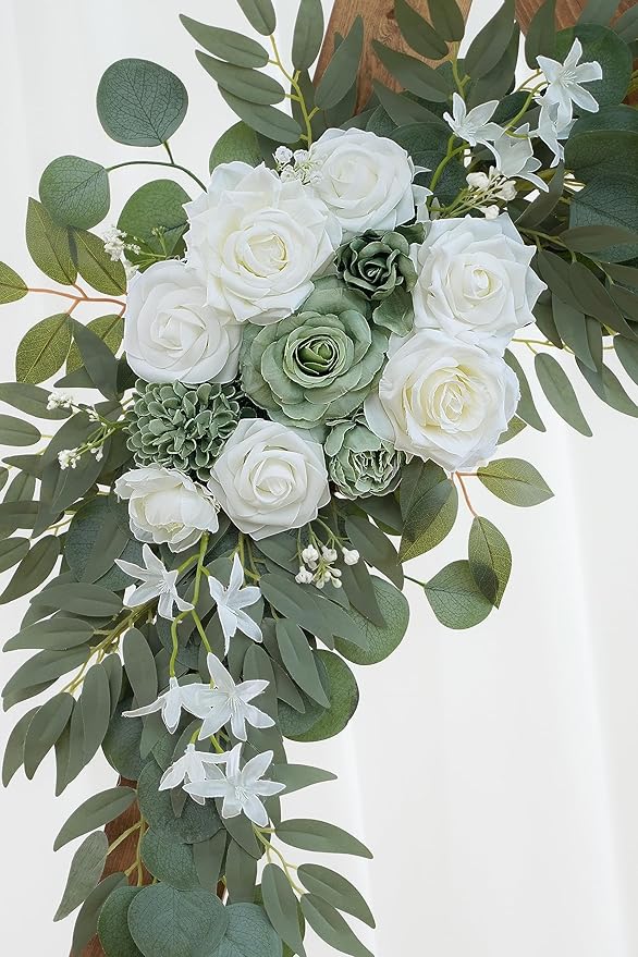 Olalaka 2-Pack Sage Green & White Wedding Flower Swag Set, Large: 35.43"L x 14.56"W, Small: 24.80"L x 12.99"W, Artificial Flowers for Wedding Arch, Ceremony, Table Centerpieces, Wall Hanging