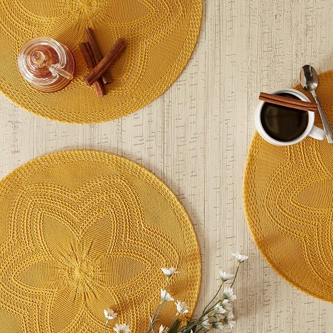 DII Woven Collection Round Braided Floral Placemat Set, 15", Honey Gold, 6 Piece