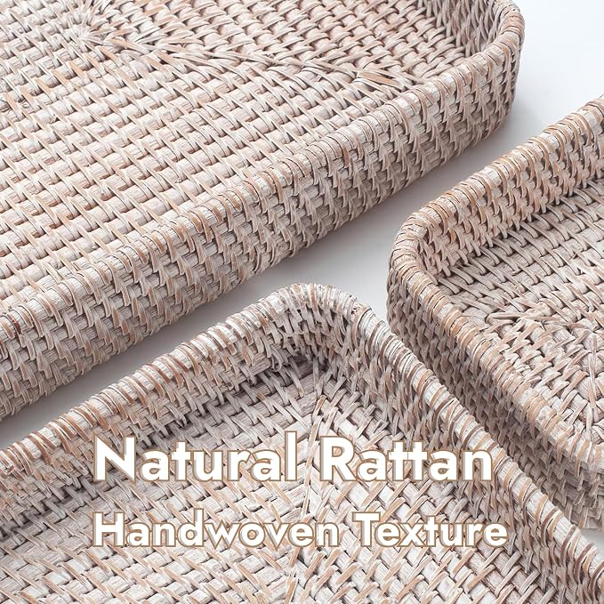 Rattan Serving Tray, Rectangular Woven Tray, Natural Wicker Decorative Serving Baskets for Organizing Tabletop Bathroom Kitchen Counter (White)