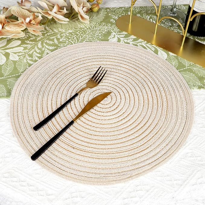 15'' Round Woven Placemats Set of 6, Natural Heat Resistant Washable Non-Slip Woven Table Mats-Beige