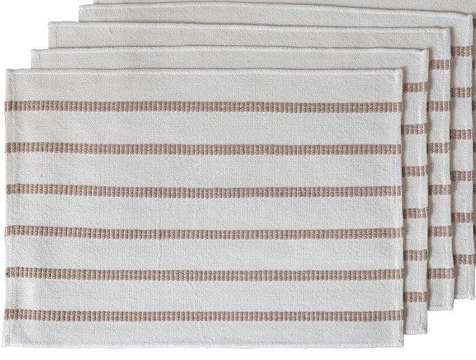 Caflife Boho Farmhouse Placemats Set of 4, Taupe Stripes Cotton Linen Woven Table Mats for Modern Dining Table, 13x19 Inch Rustic Kitchen Decor Place Mats