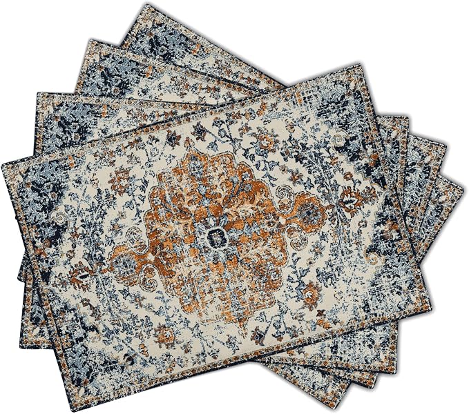 Brown Navy Blue Ethnic Boho Placemats Set of 4 Bohemian Carpet Vintage Gold Black Tan Floral Linen Washable Kitchen Dining Table Mats Stain Heat-Resistant Desktop Place for Home Party 12x18 in